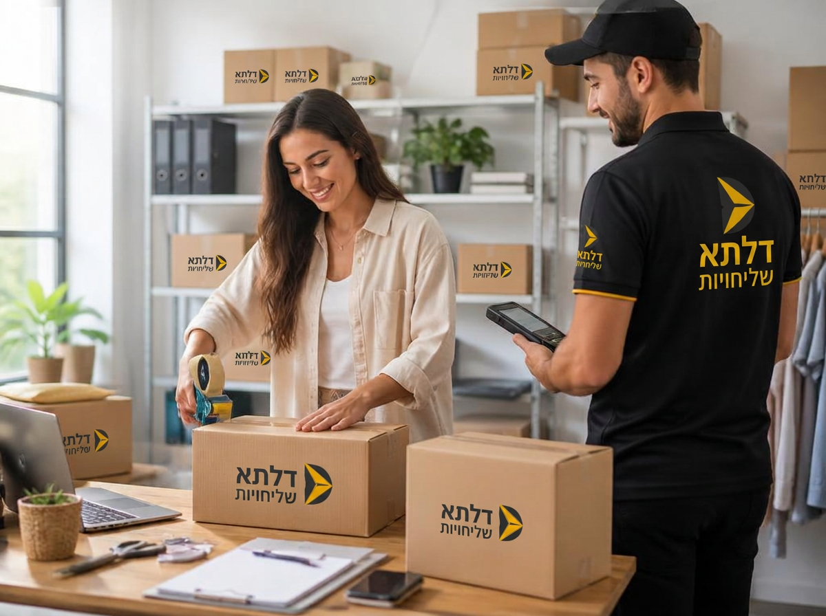 בעלת חנות אונליין אורזת חבילות ממותגות דלתא שליחויות ליד מחשב נייד