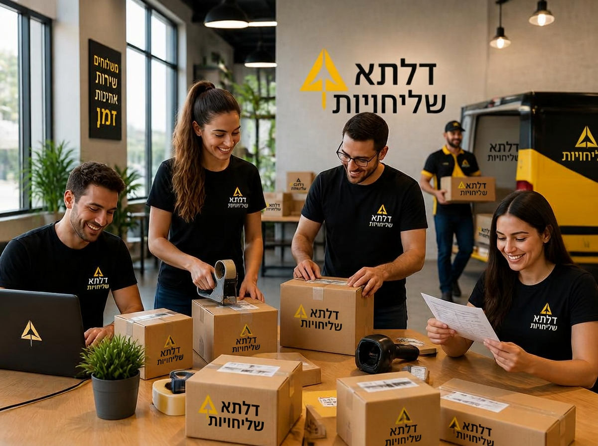 צוות עסק קטן עם חבילות ממותגות דלתא שליחויות מוכנות למשלוח