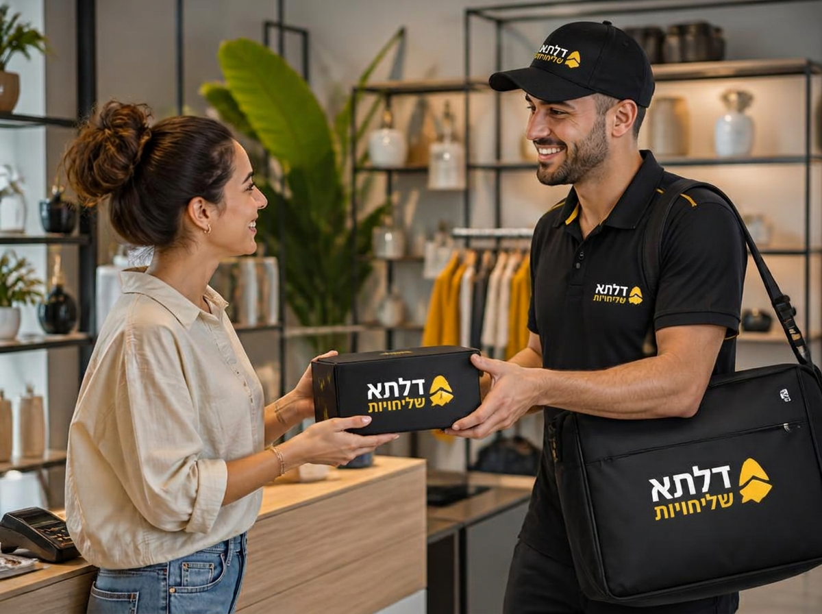 מוכרת בחנות בוטיק מקבלת חבילה ממותגת דלתא שליחויות מהשליח